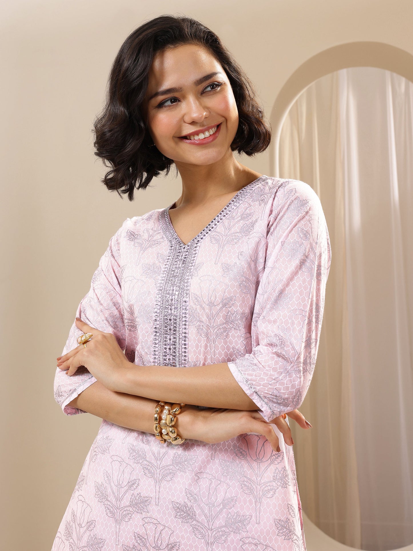 Pink Printed Cotton Straight Suit Sets With Dupatta