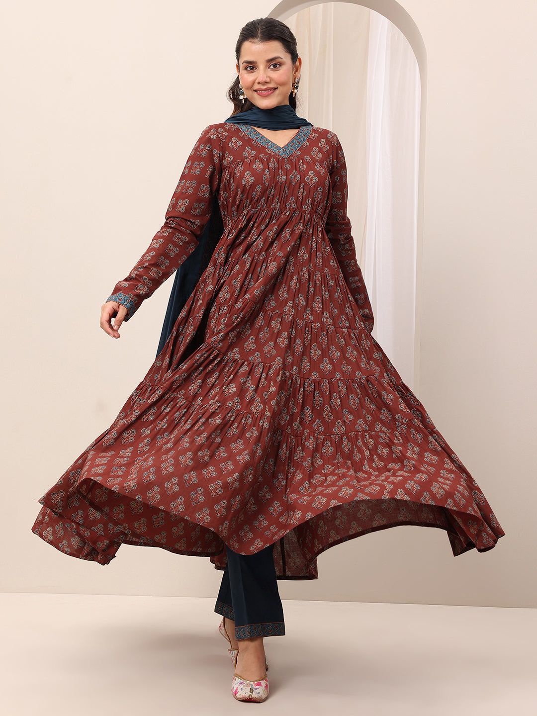 Brown Printed Cotton Anarkali Suit Set With Dupatta