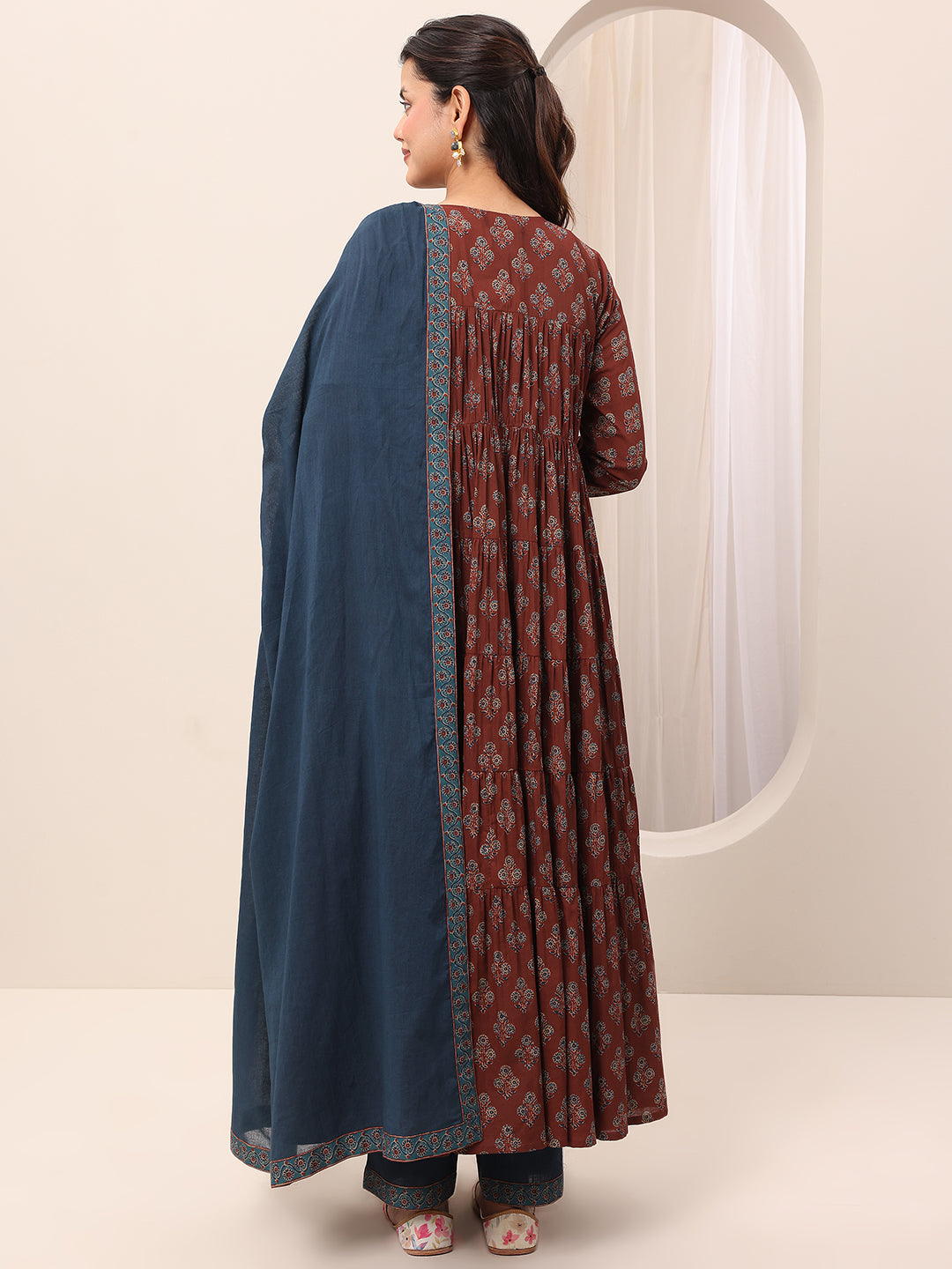 Brown Printed Cotton Anarkali Suit Set With Dupatta