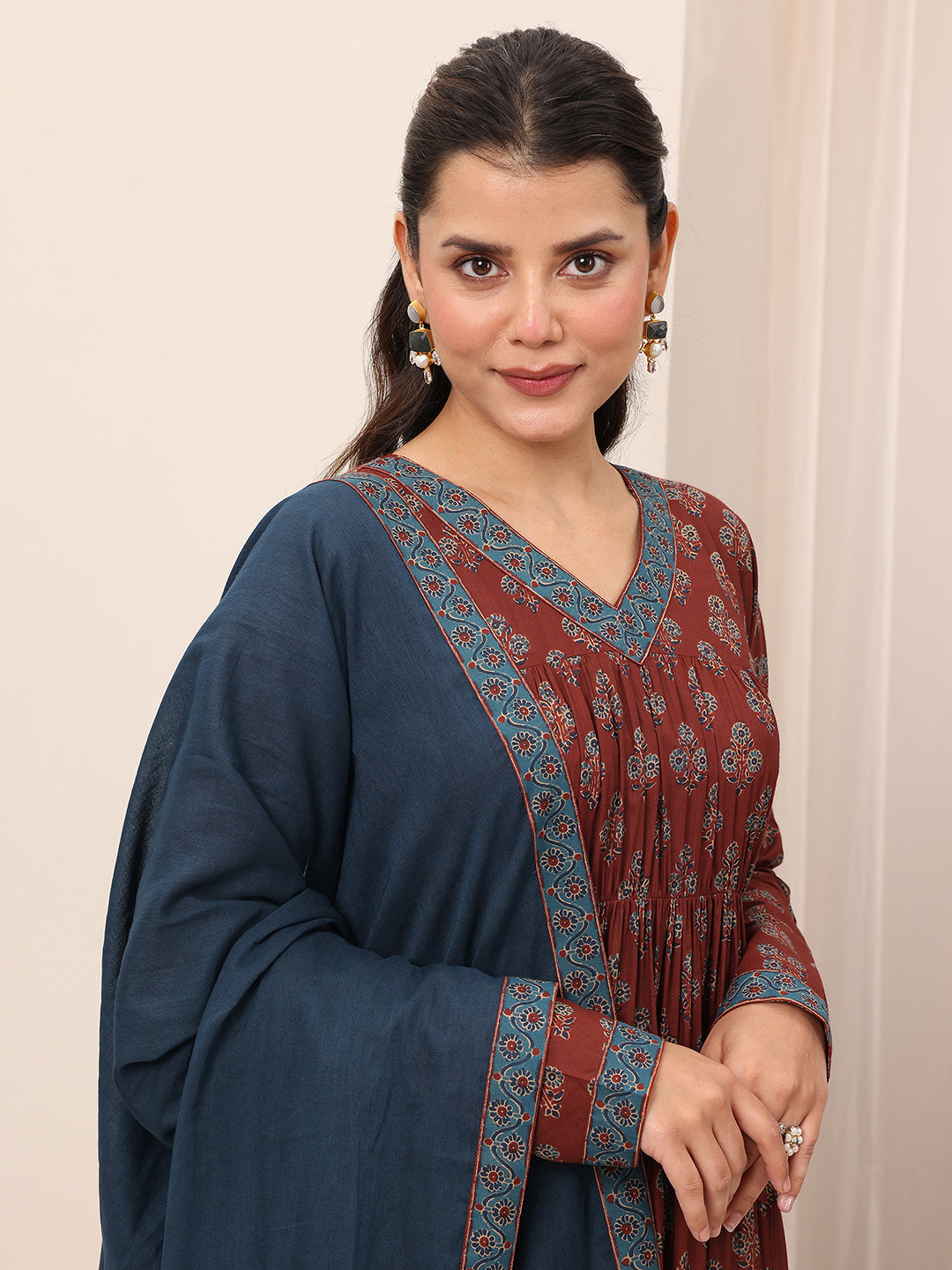 Brown Printed Cotton Anarkali Suit Set With Dupatta