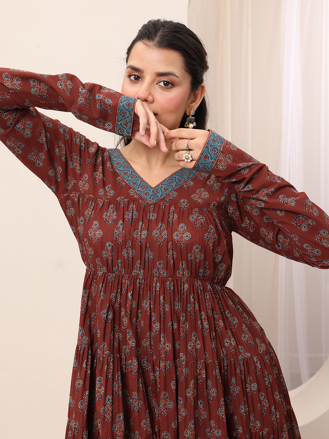 Brown Printed Cotton Anarkali Suit Set With Dupatta