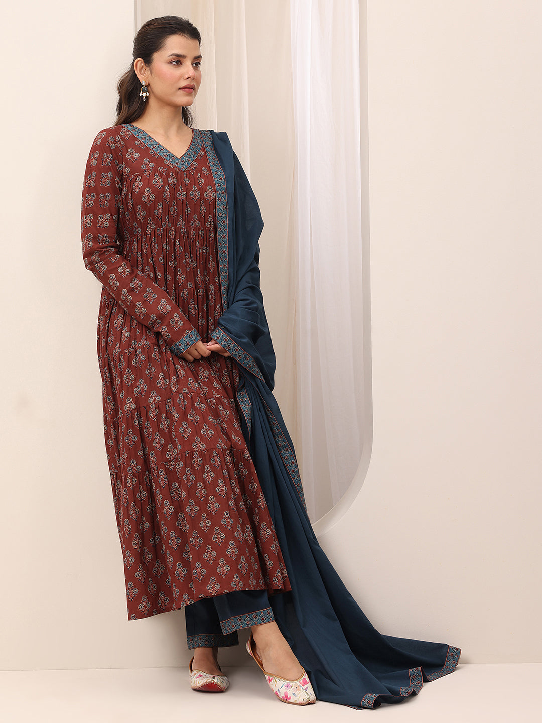 Brown Printed Cotton Anarkali Suit Set With Dupatta