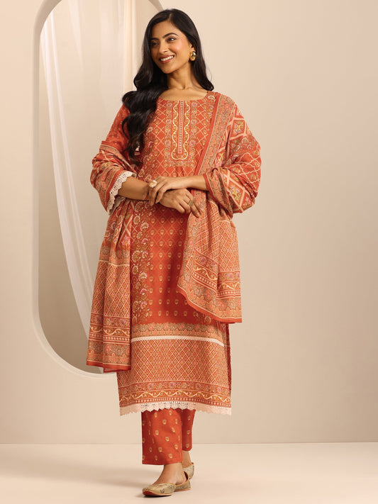 Orange Printed Cotton Blend Straight Suit Set With Dupatta