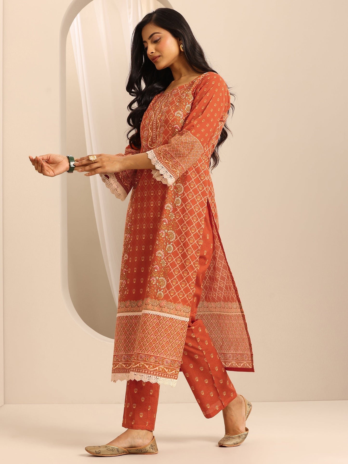 Orange Printed Cotton Blend Straight Suit Set With Dupatta