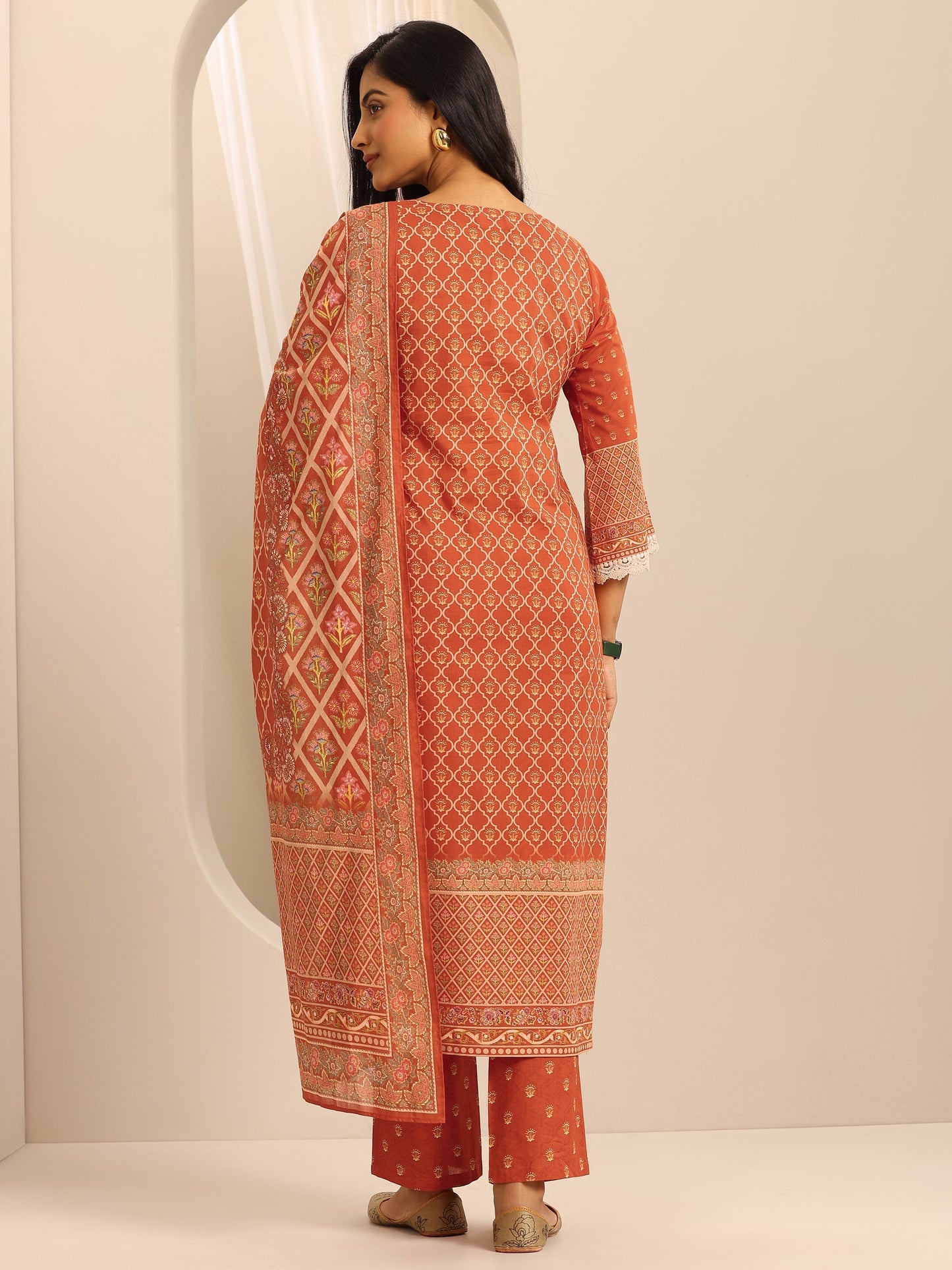 Orange Printed Cotton Blend Straight Suit Set With Dupatta