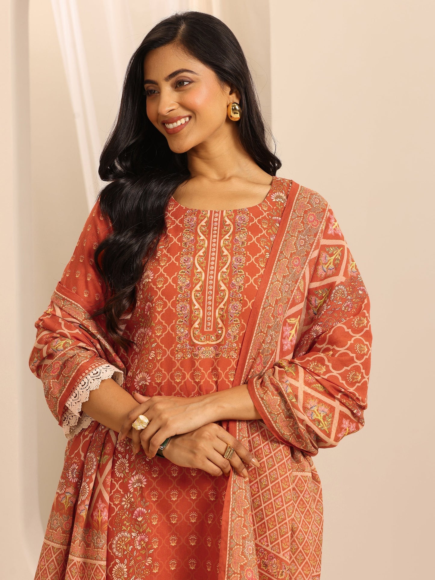 Orange Printed Cotton Blend Straight Suit Set With Dupatta