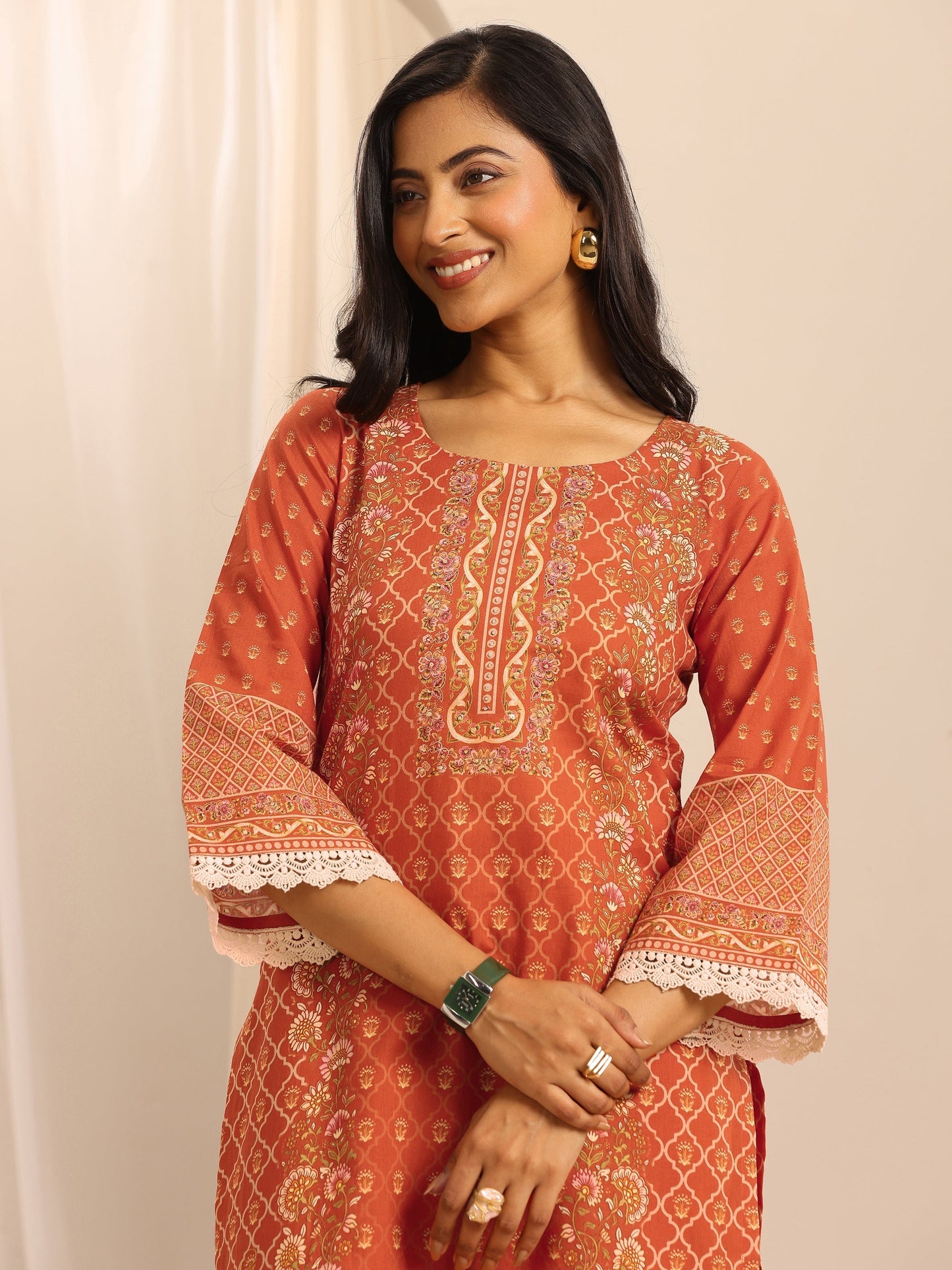 Orange Printed Cotton Blend Straight Suit Set With Dupatta