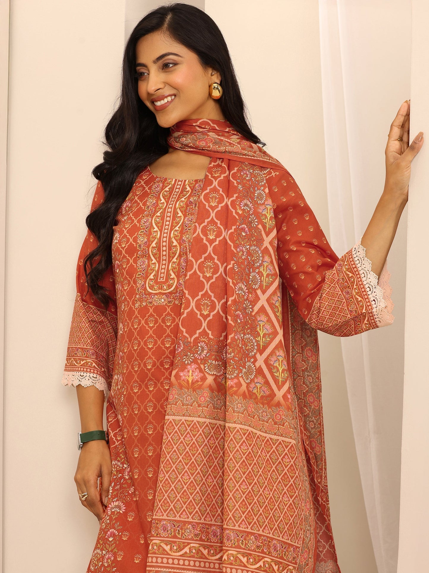 Orange Printed Cotton Blend Straight Suit Set With Dupatta