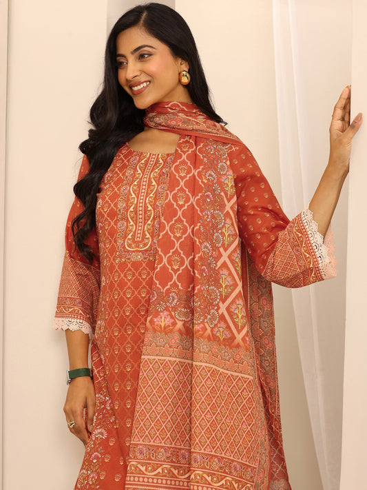 Orange Printed Cotton Blend Straight Suit Set With Dupatta