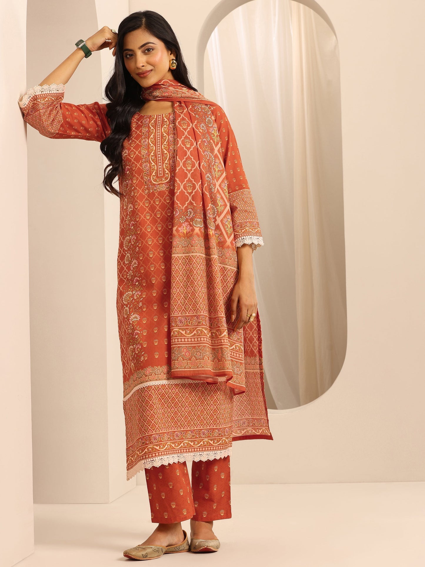 Orange Printed Cotton Blend Straight Suit Set With Dupatta