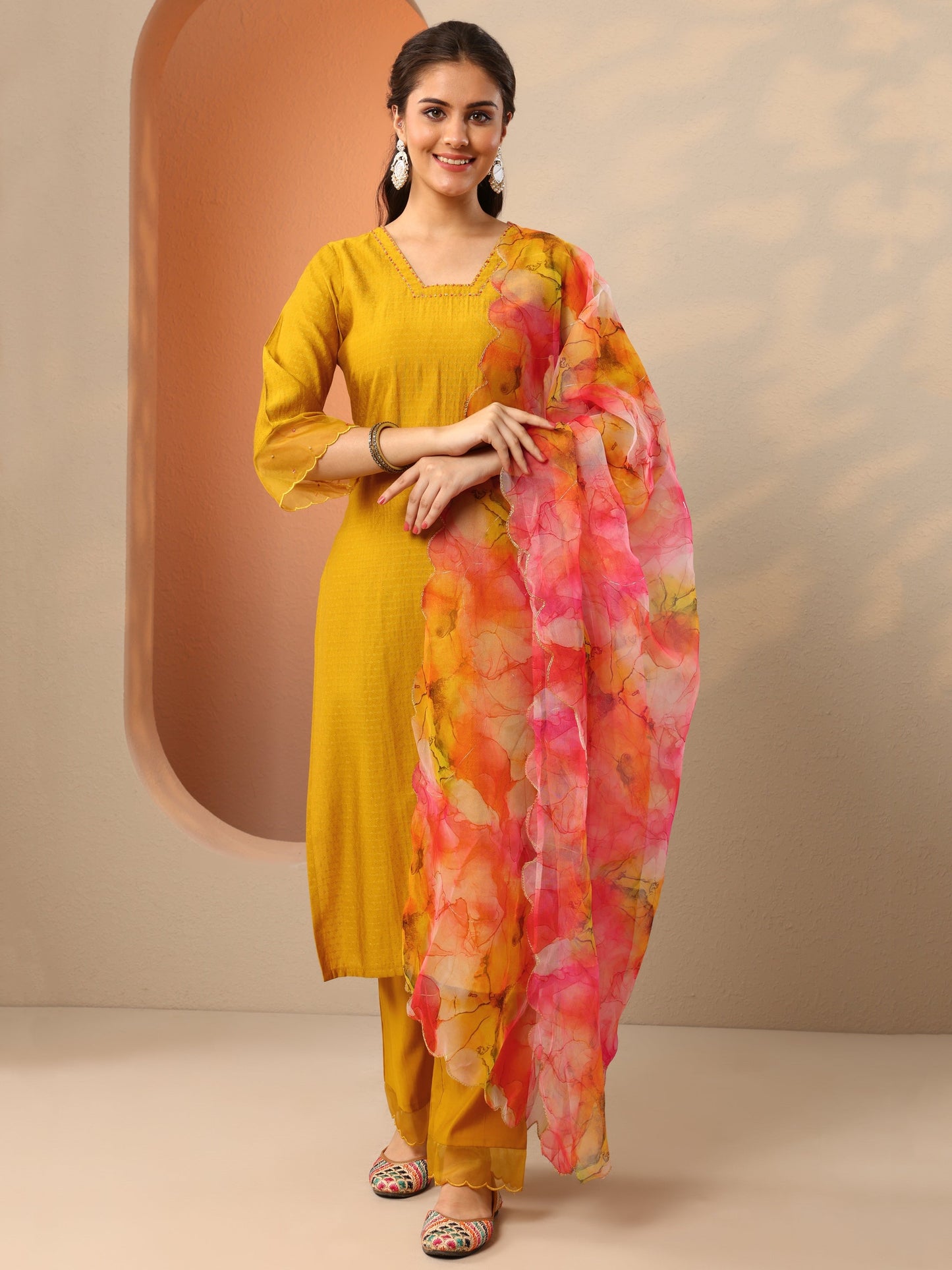 Mustard Woven Design Silk Blend Straight Suit Set With Dupatta