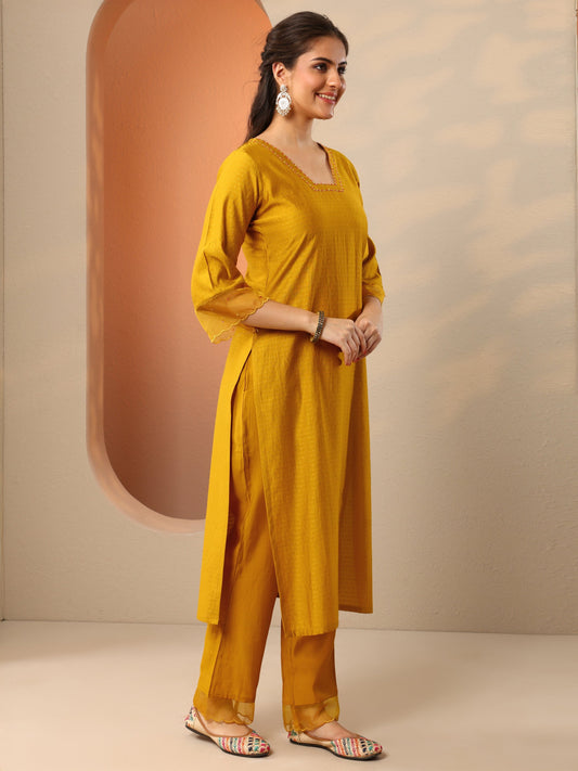 Mustard Woven Design Silk Blend Straight Suit Set With Dupatta