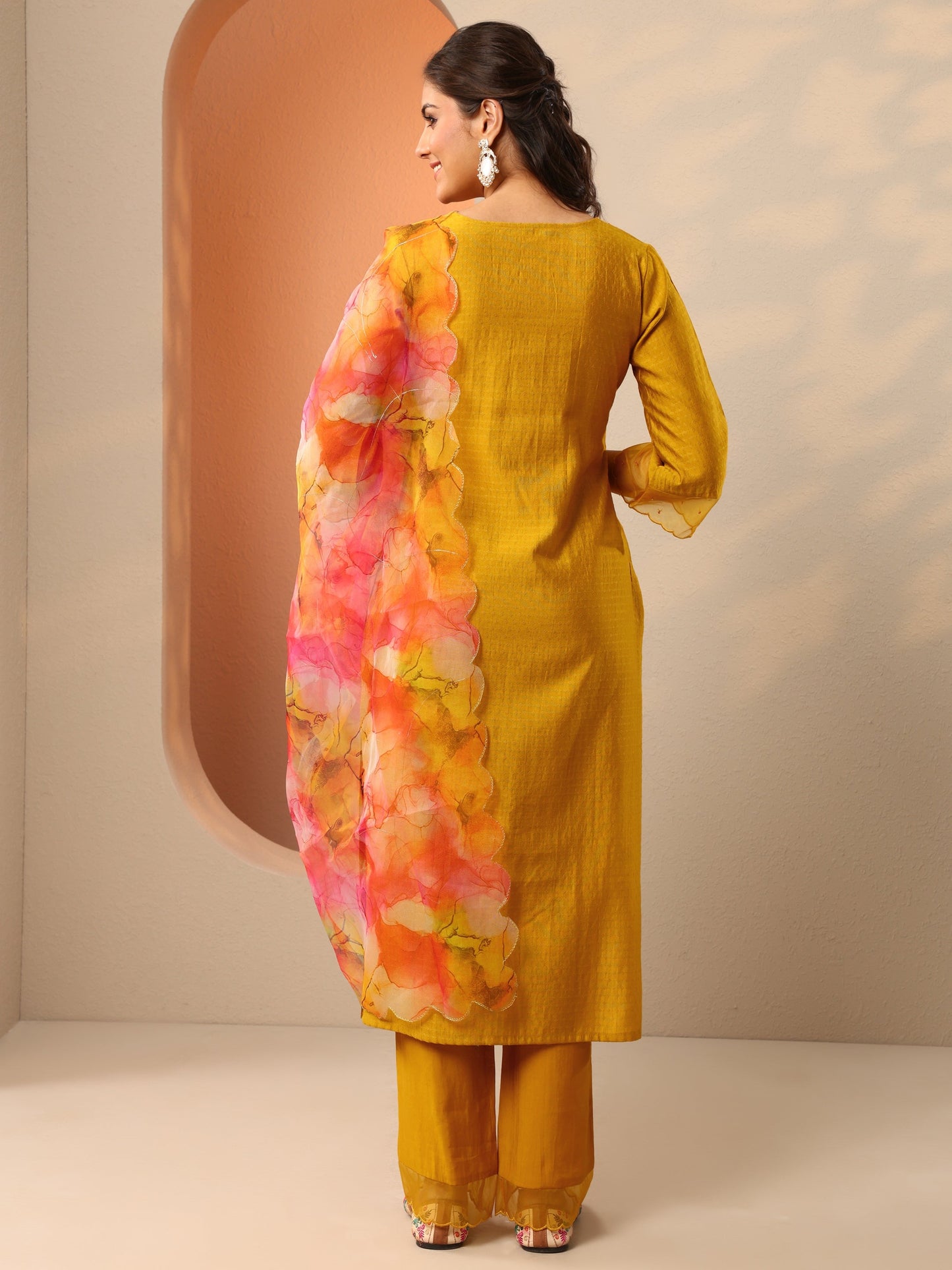 Mustard Woven Design Silk Blend Straight Suit Set With Dupatta