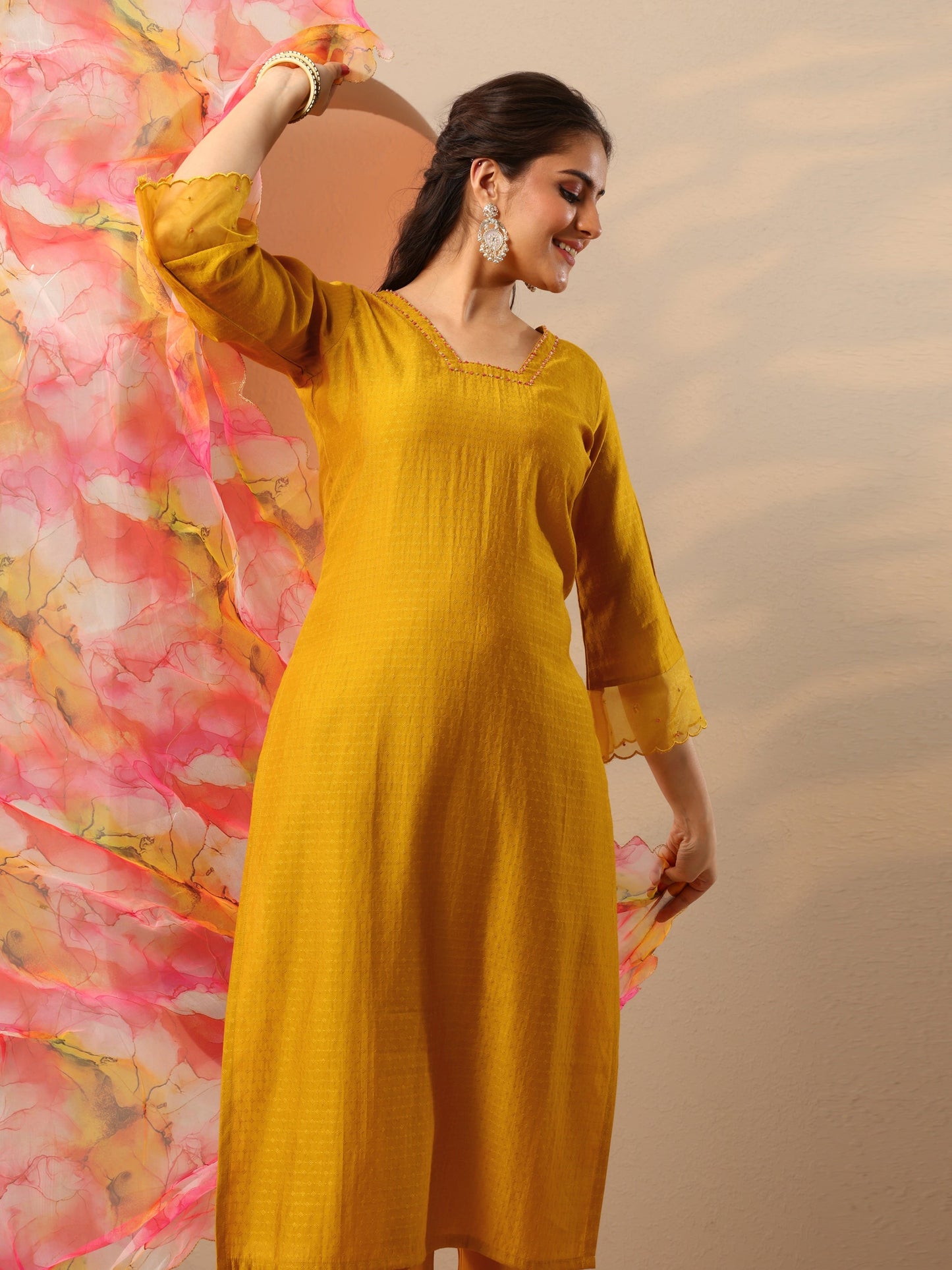 Mustard Woven Design Silk Blend Straight Suit Set With Dupatta