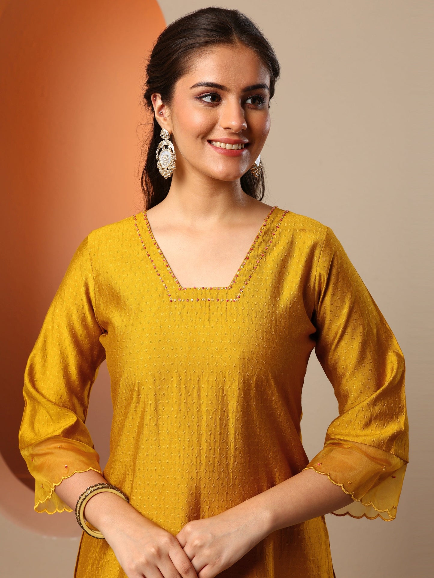 Mustard Woven Design Silk Blend Straight Suit Set With Dupatta