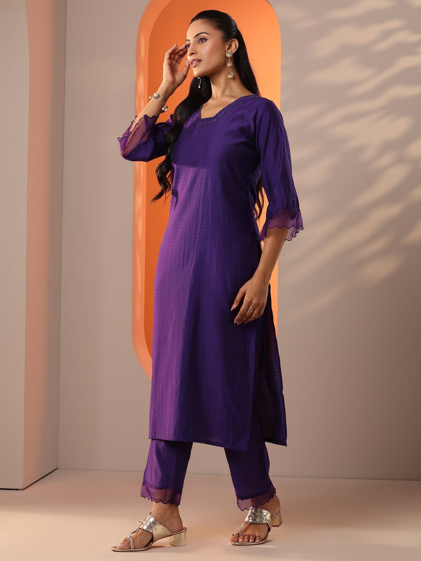 Purple Woven Design Silk Blend Straight Suit Set With Dupatta