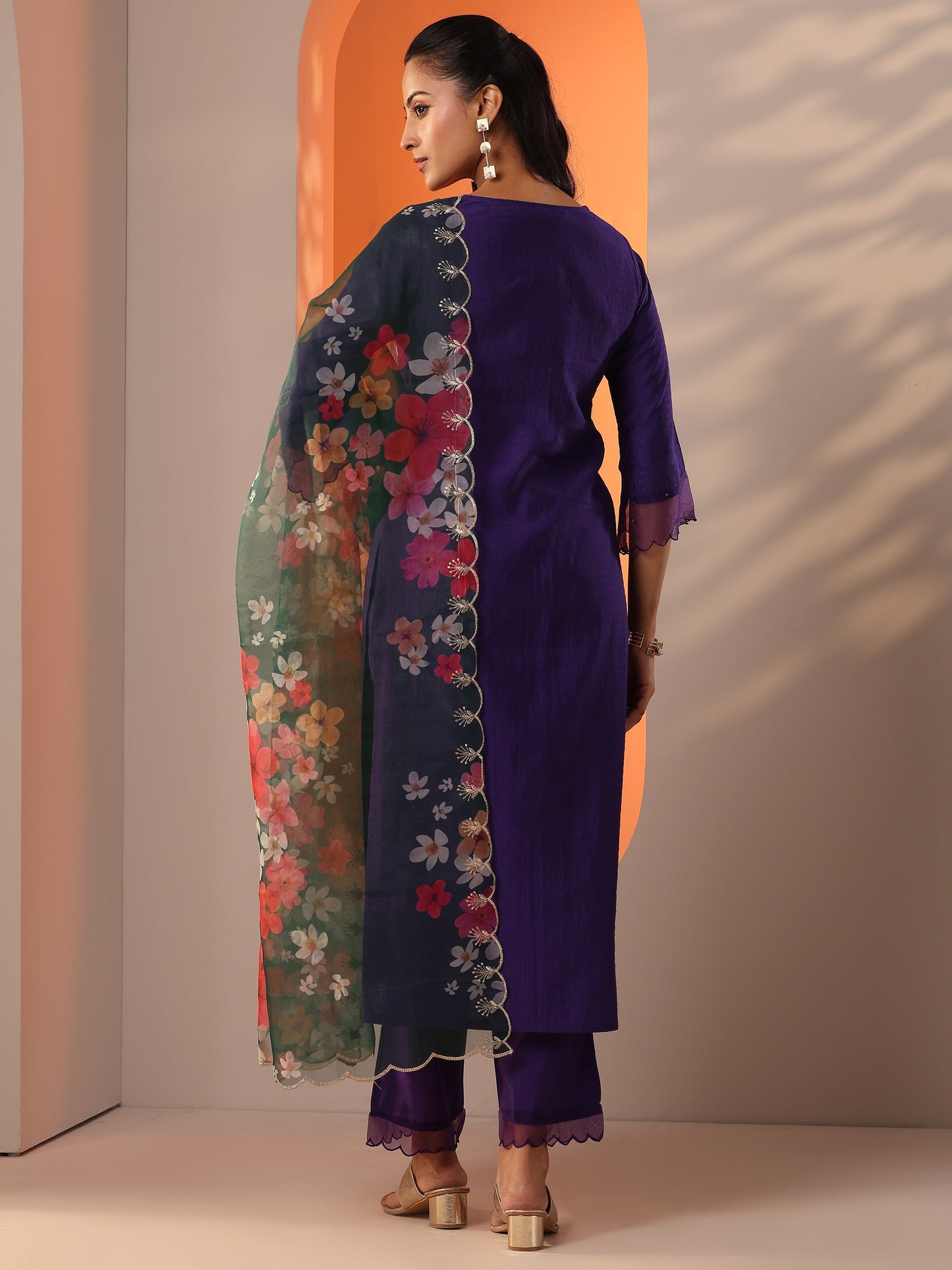 Purple Woven Design Silk Blend Straight Suit Set With Dupatta