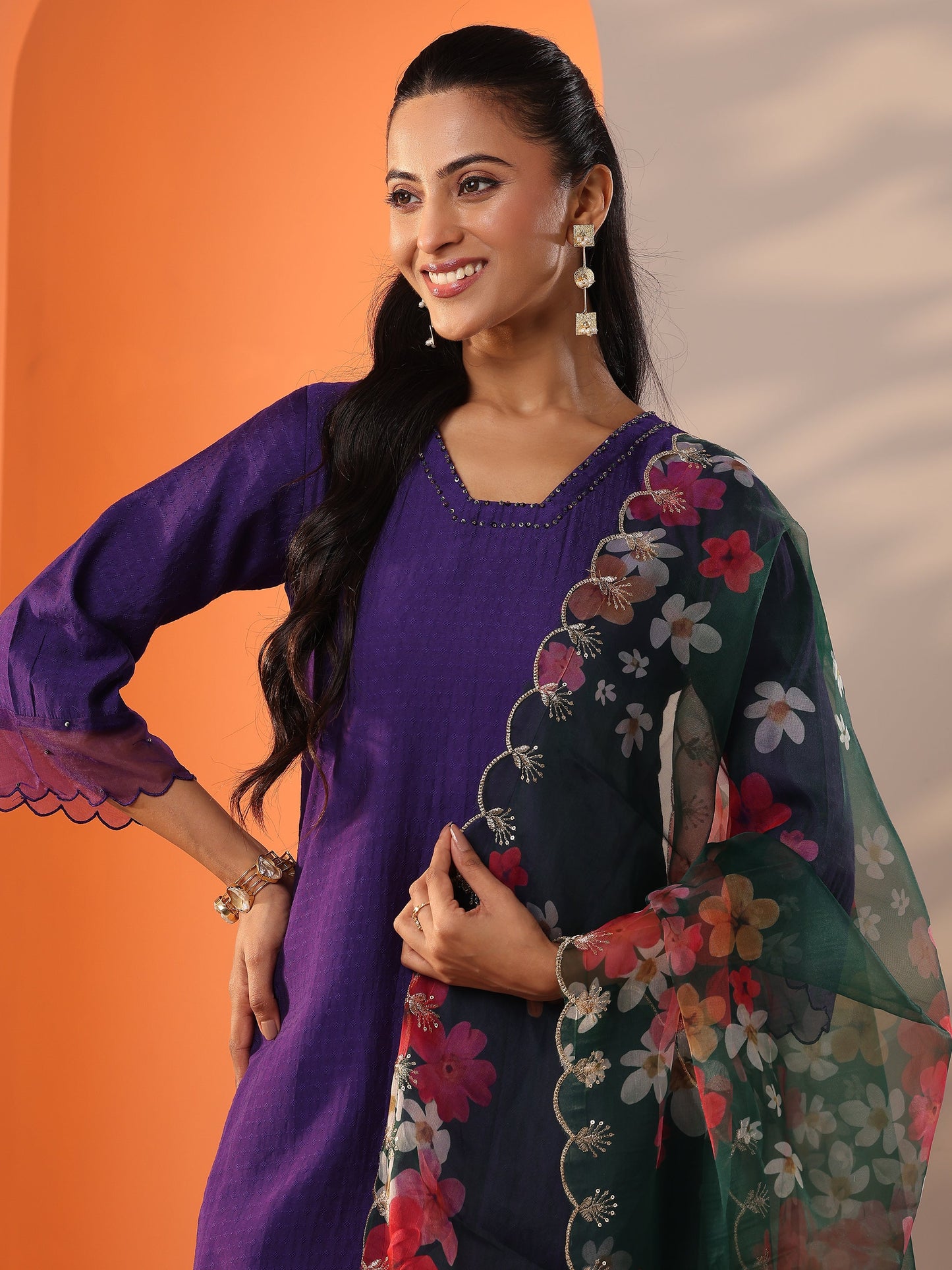Purple Woven Design Silk Blend Straight Suit Set With Dupatta