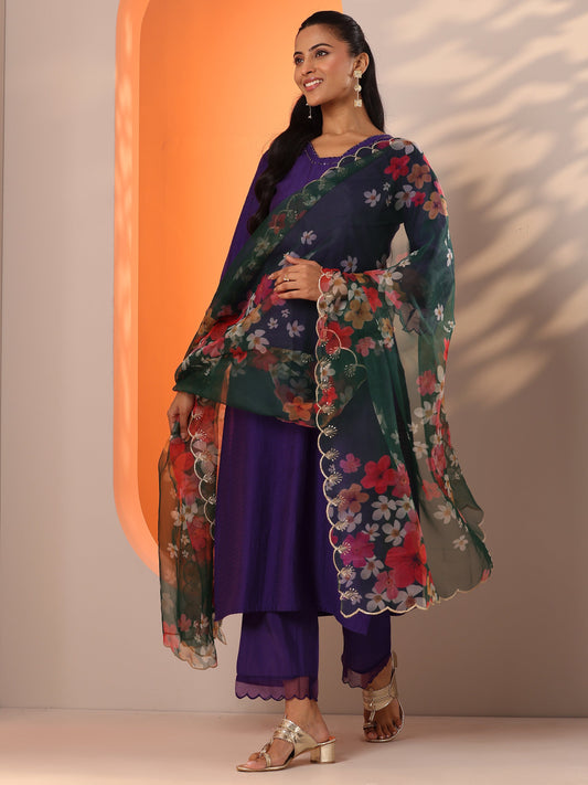 Purple Woven Design Silk Blend Straight Suit Set With Dupatta
