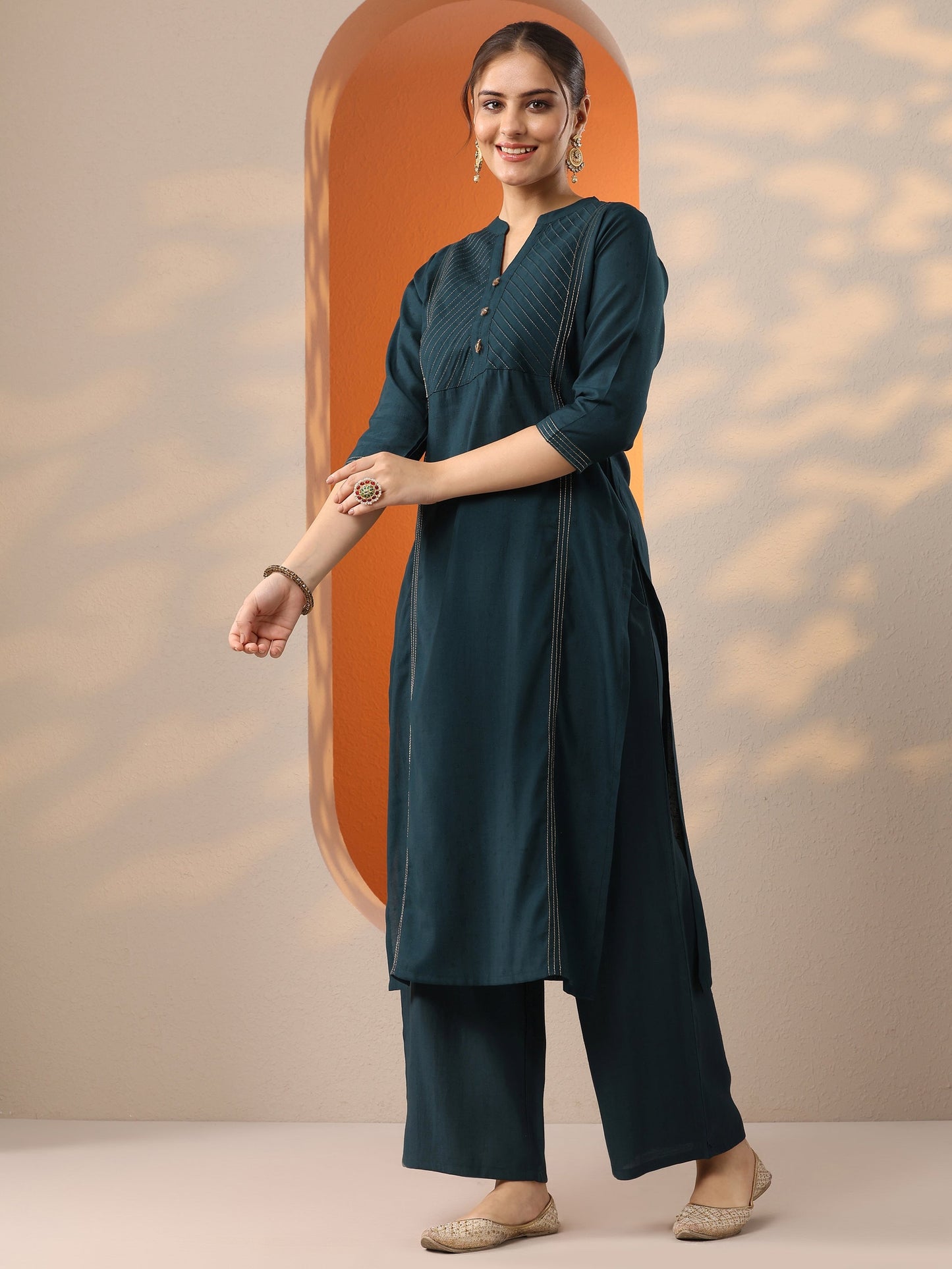 Teal Woven Design Silk Blend Straight Suit Set With Dupatta