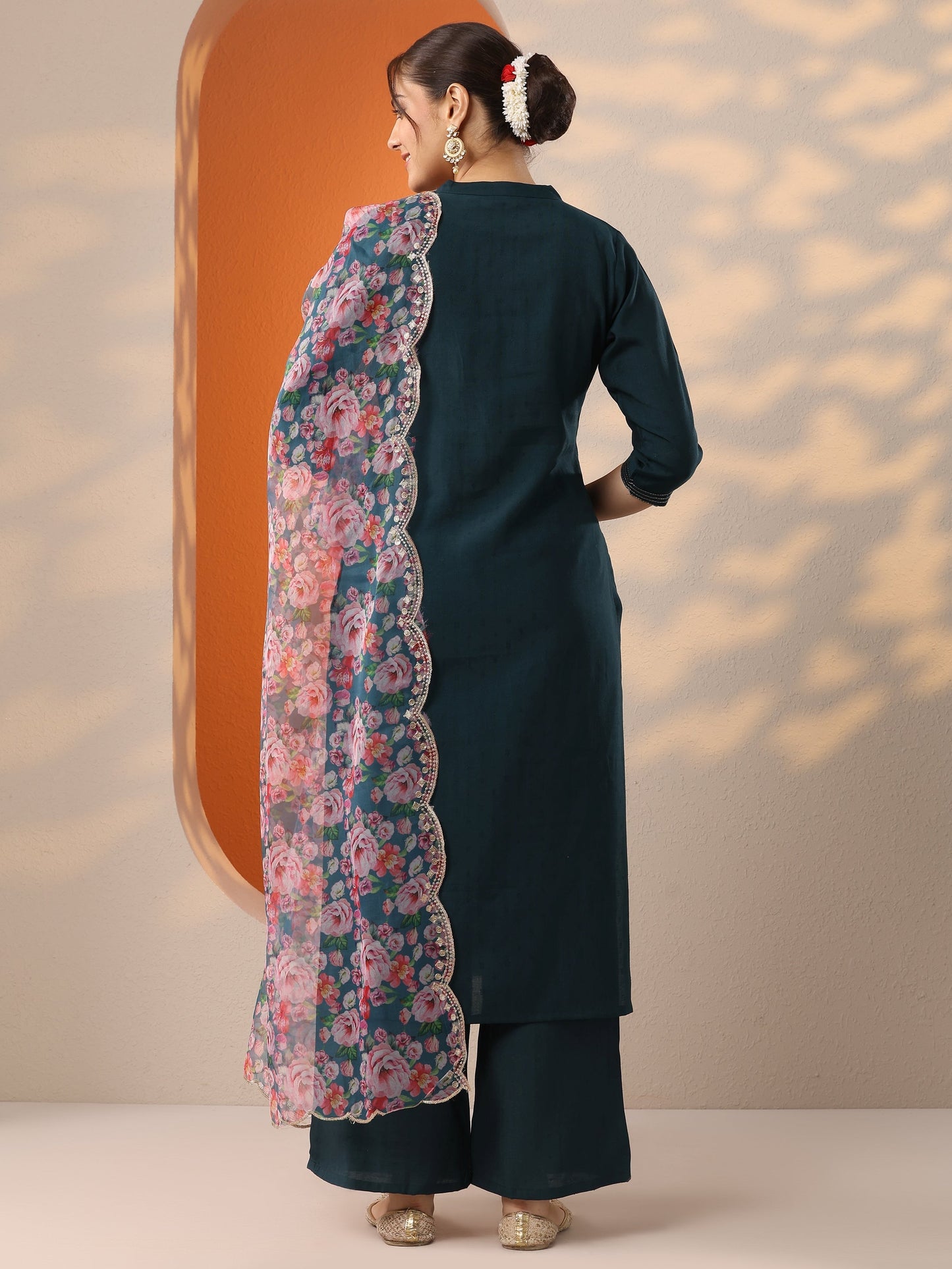 Teal Woven Design Silk Blend Straight Suit Set With Dupatta