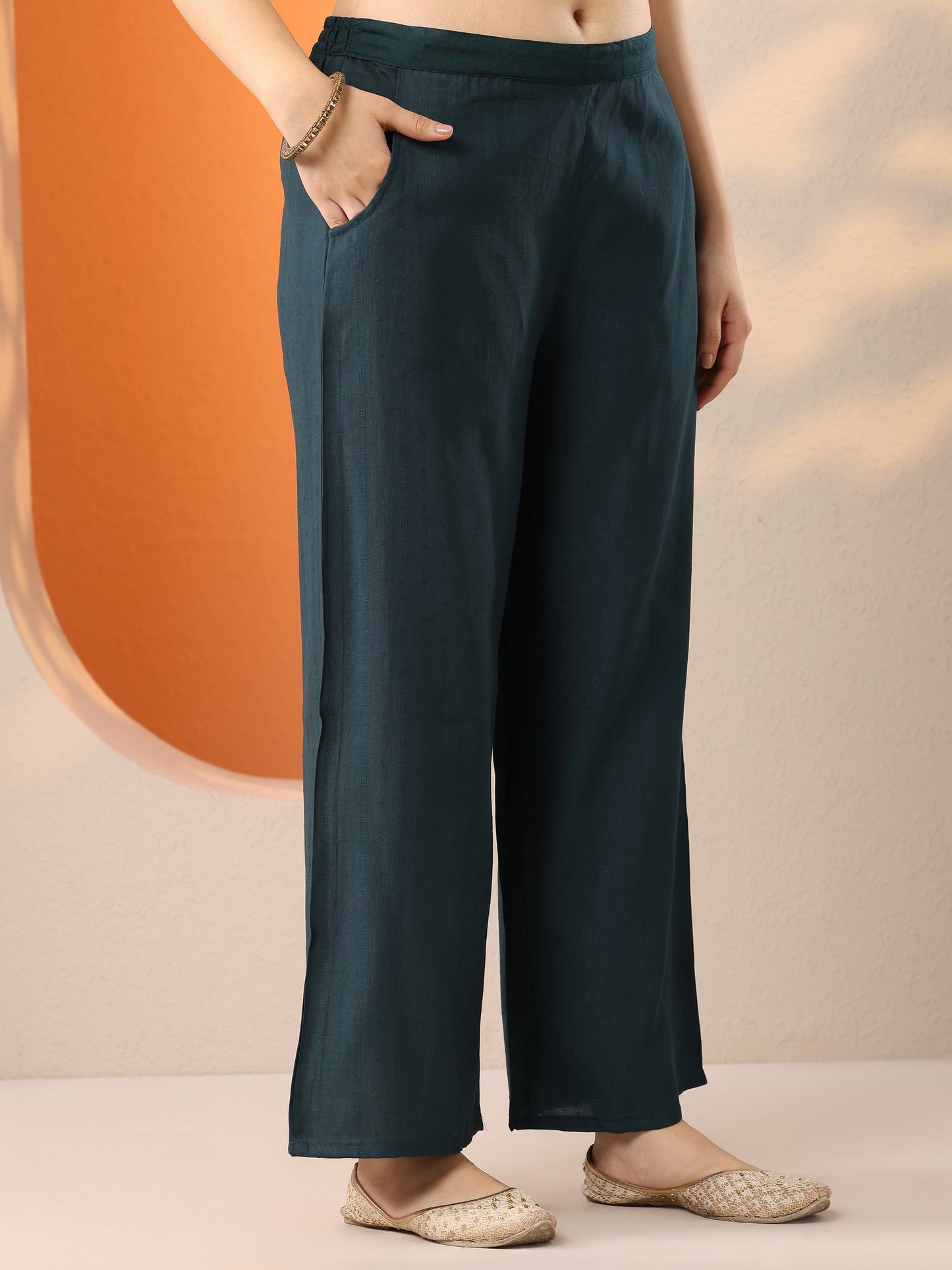 Teal Woven Design Silk Blend Straight Suit Set With Dupatta