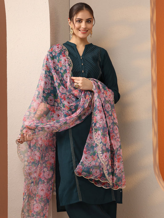 Teal Woven Design Silk Blend Straight Suit Set With Dupatta
