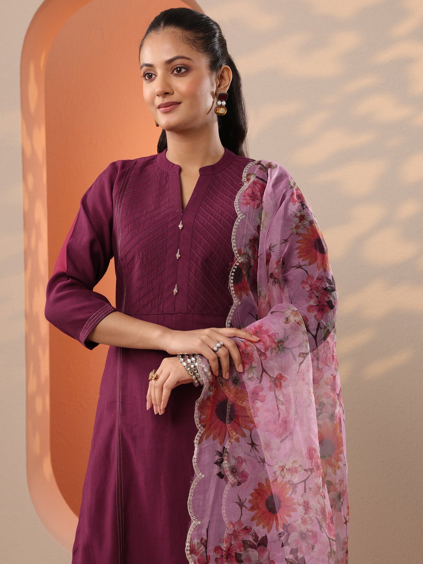 Burgundy Woven Design Silk Blend Straight Suit Set With Dupatta