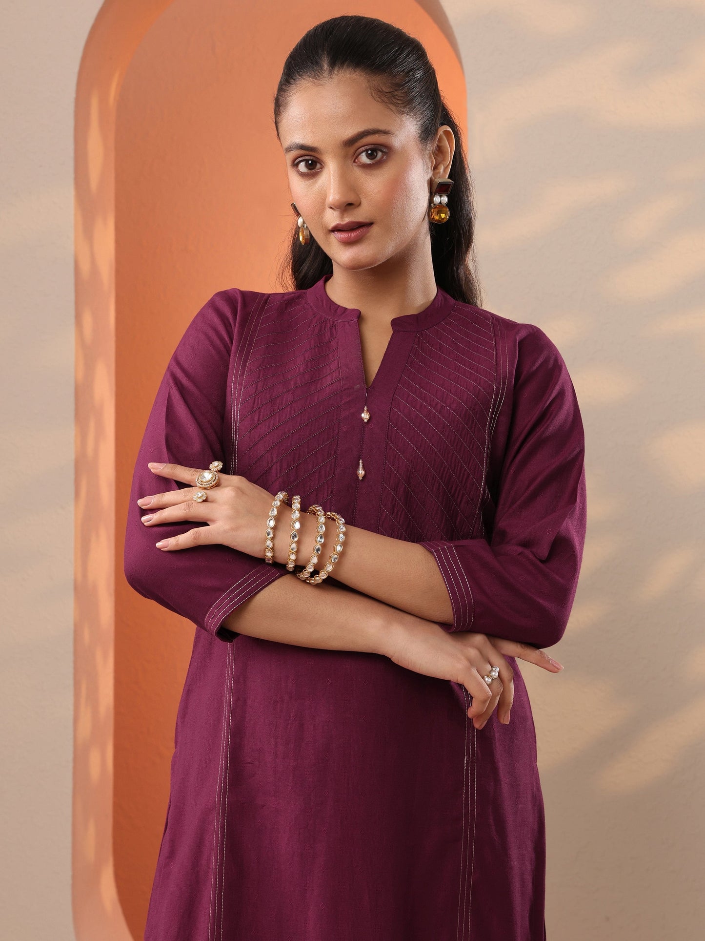 Burgundy Woven Design Silk Blend Straight Suit Set With Dupatta