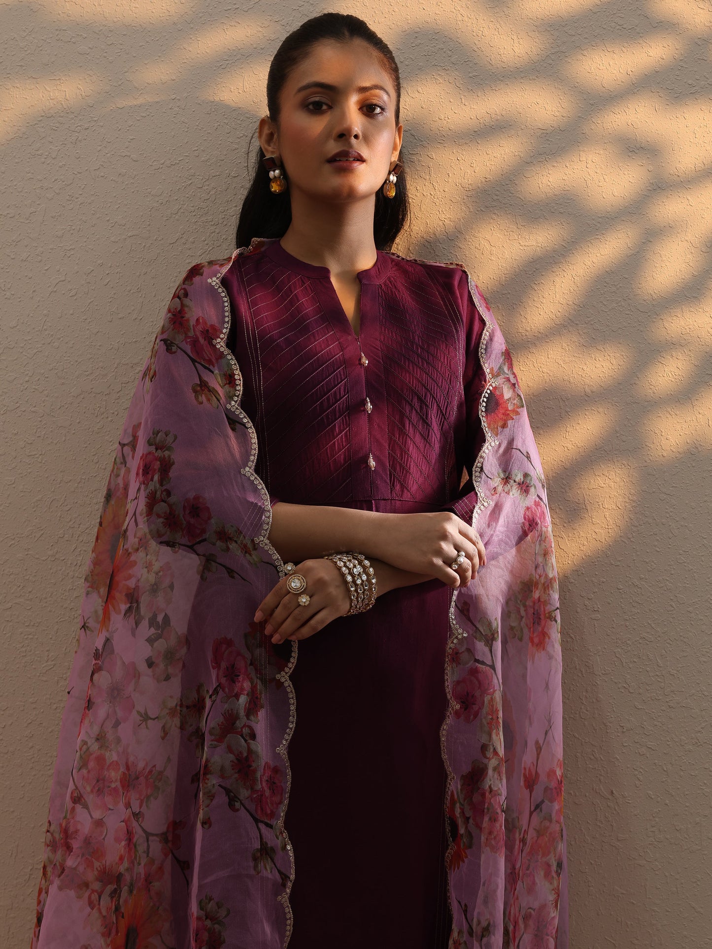 Burgundy Woven Design Silk Blend Straight Suit Set With Dupatta