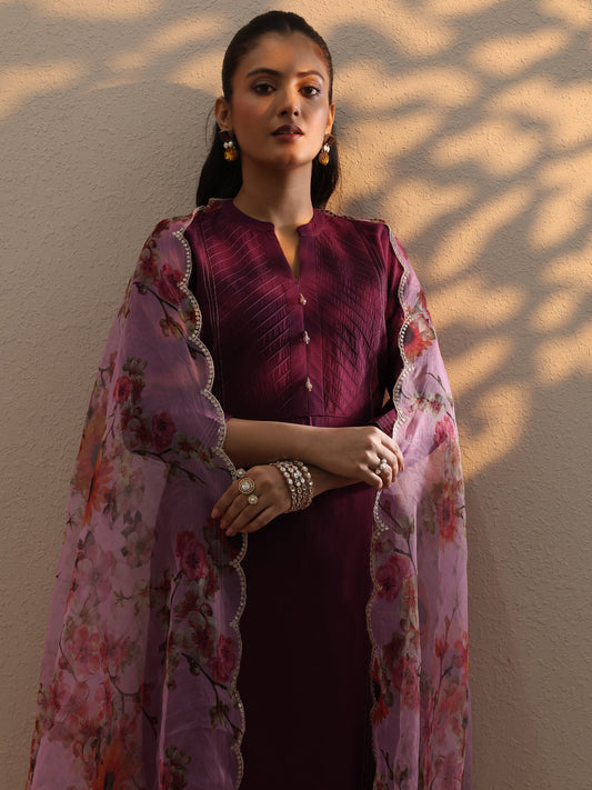 Burgundy Woven Design Silk Blend Straight Suit Set With Dupatta