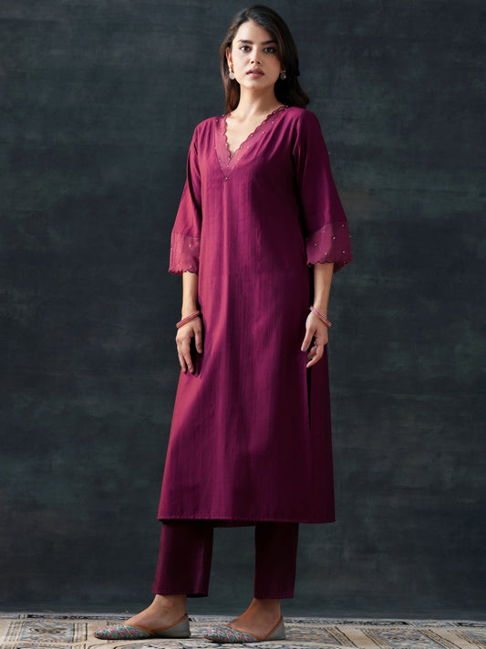 Burgundy Woven Design Silk Blend Straight Suit Set With Dupatta