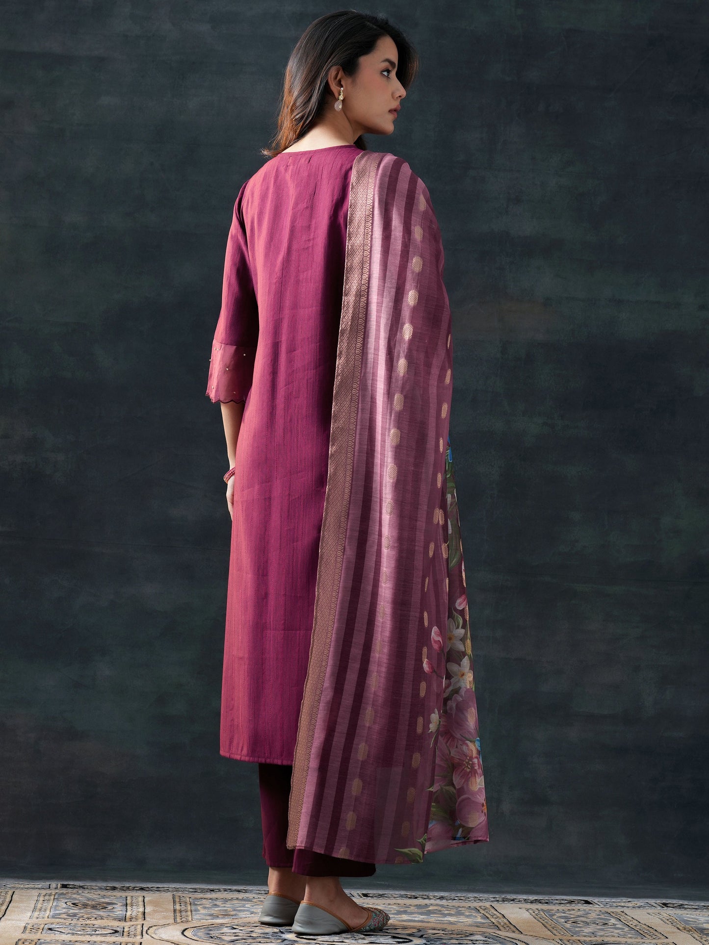 Burgundy Woven Design Silk Blend Straight Suit Set With Dupatta