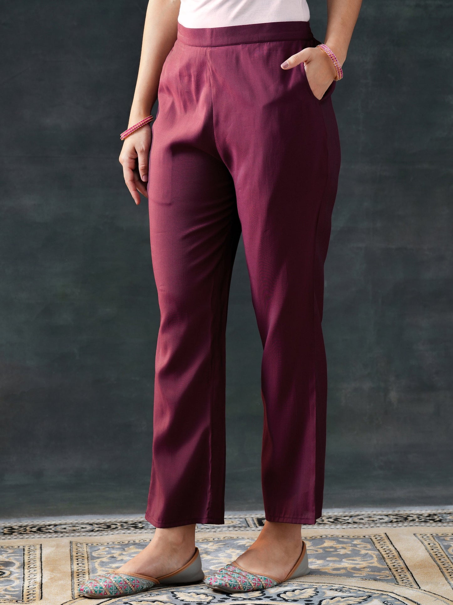 Burgundy Woven Design Silk Blend Straight Suit Set With Dupatta