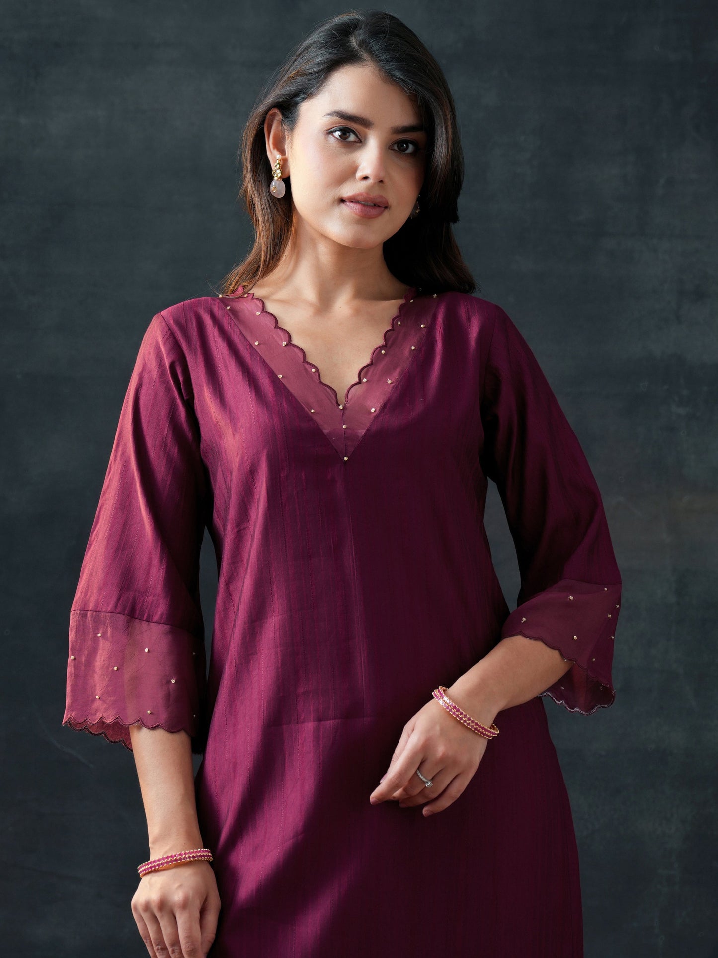 Burgundy Woven Design Silk Blend Straight Suit Set With Dupatta