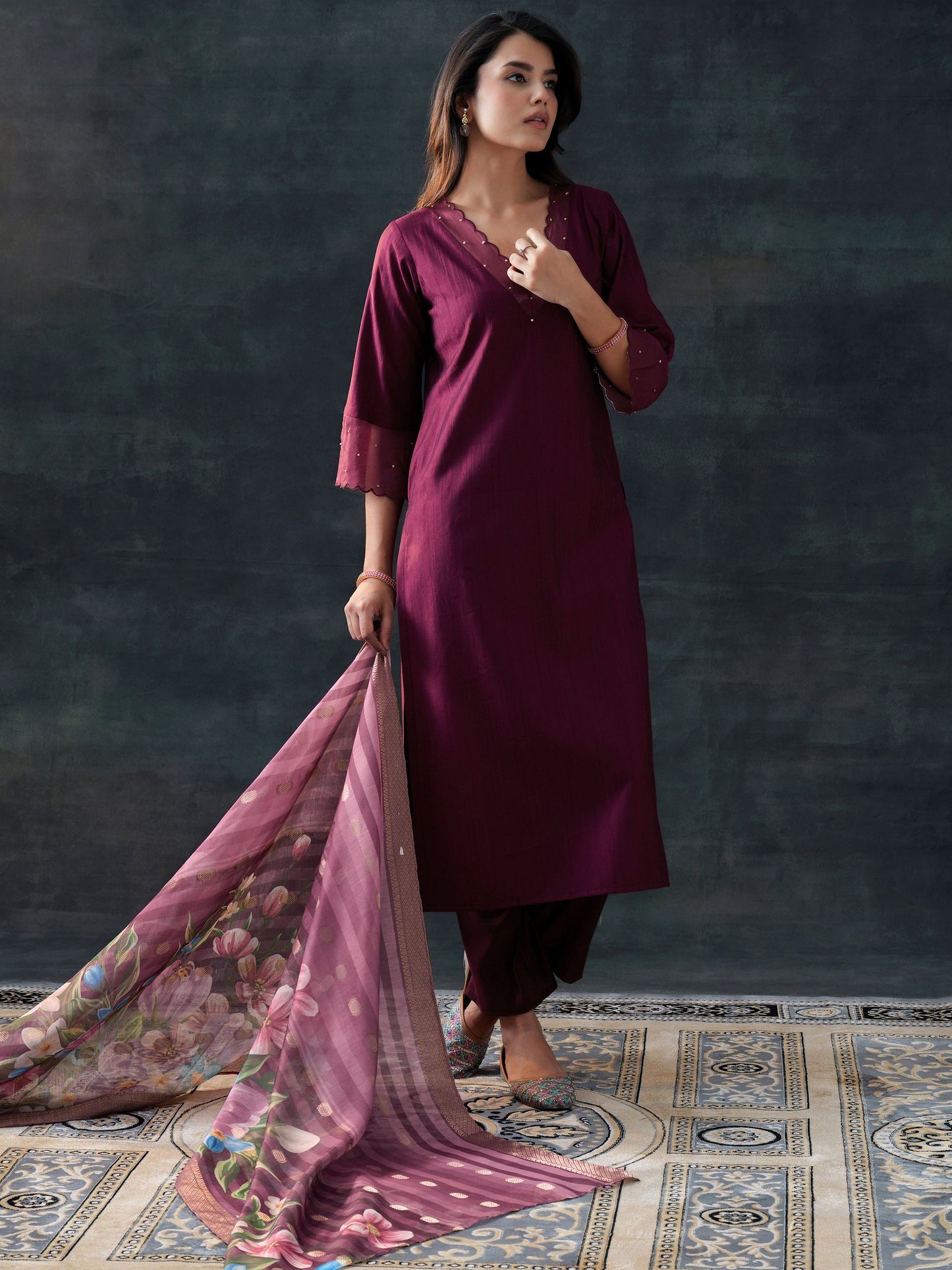 Burgundy Woven Design Silk Blend Straight Suit Set With Dupatta