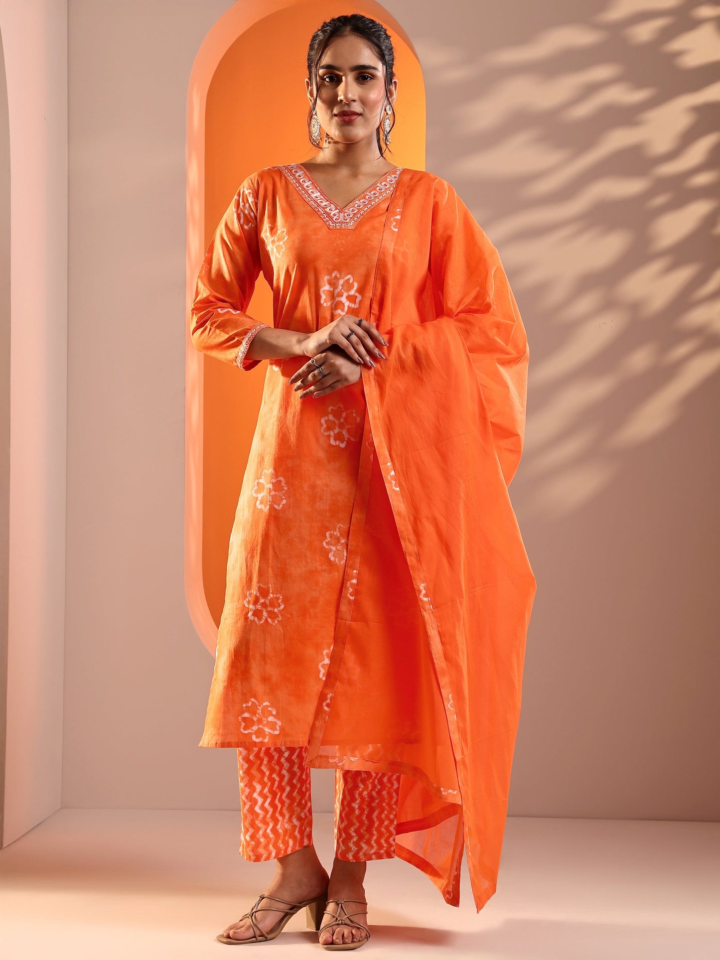 Orange Printed Cotton Straight Suit Set With Dupatta