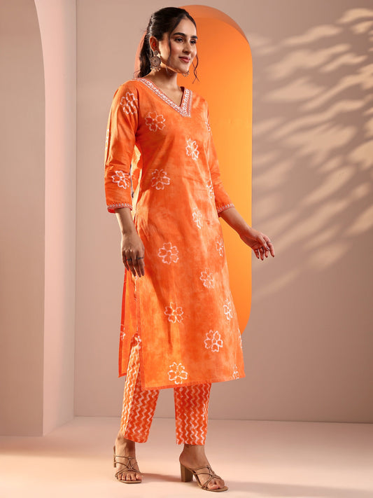 Orange Printed Cotton Straight Suit Set With Dupatta