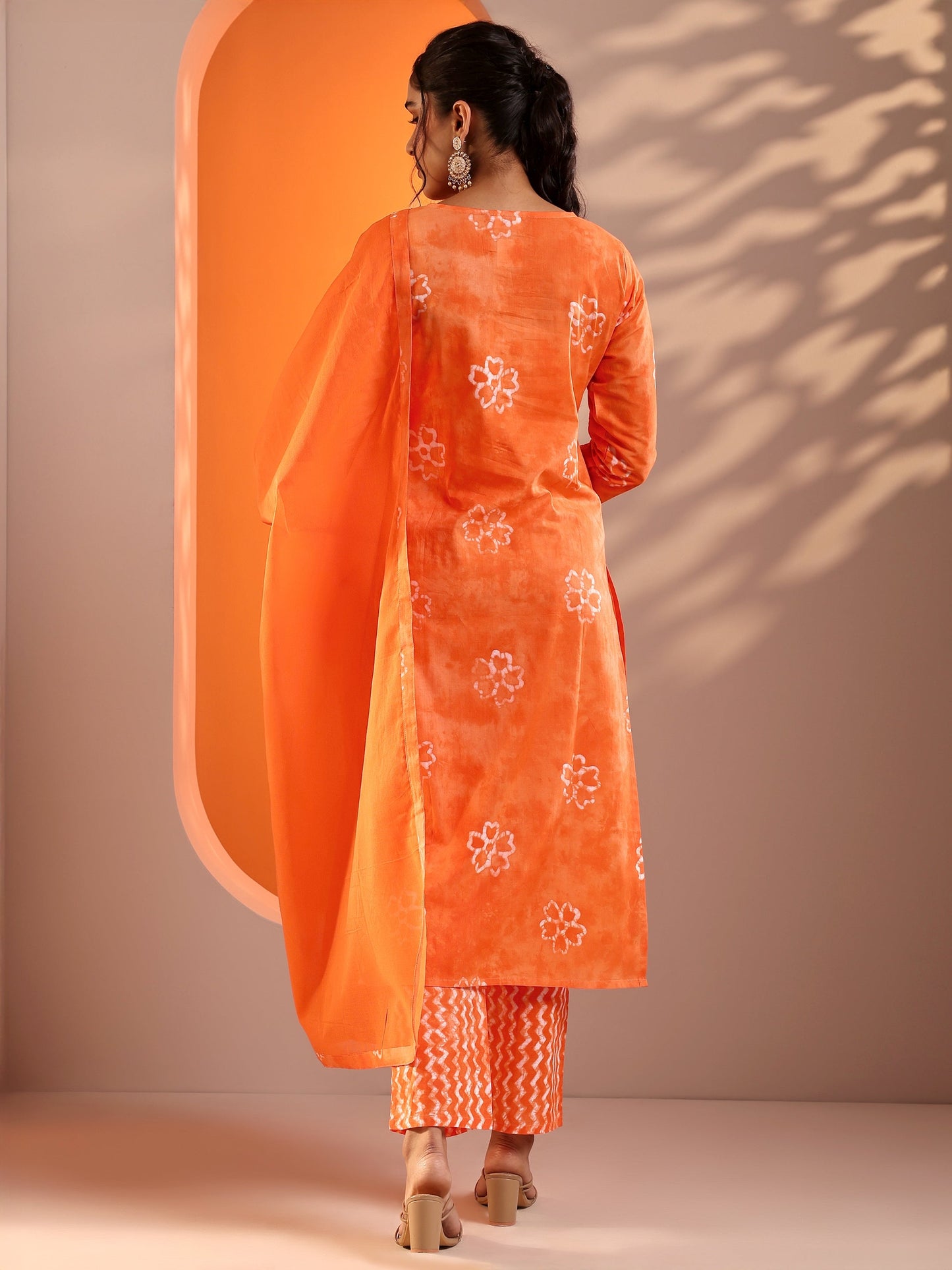 Orange Printed Cotton Straight Suit Set With Dupatta