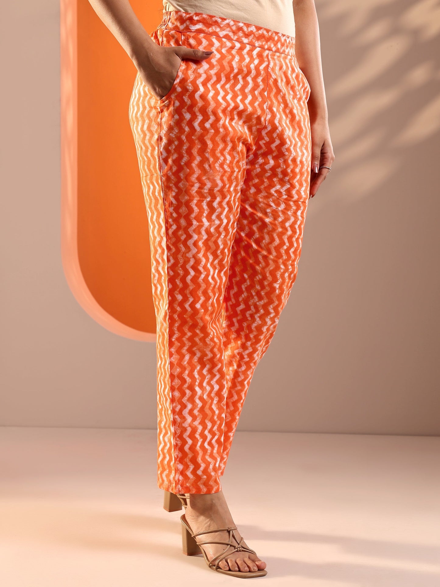 Orange Printed Cotton Straight Suit Set With Dupatta