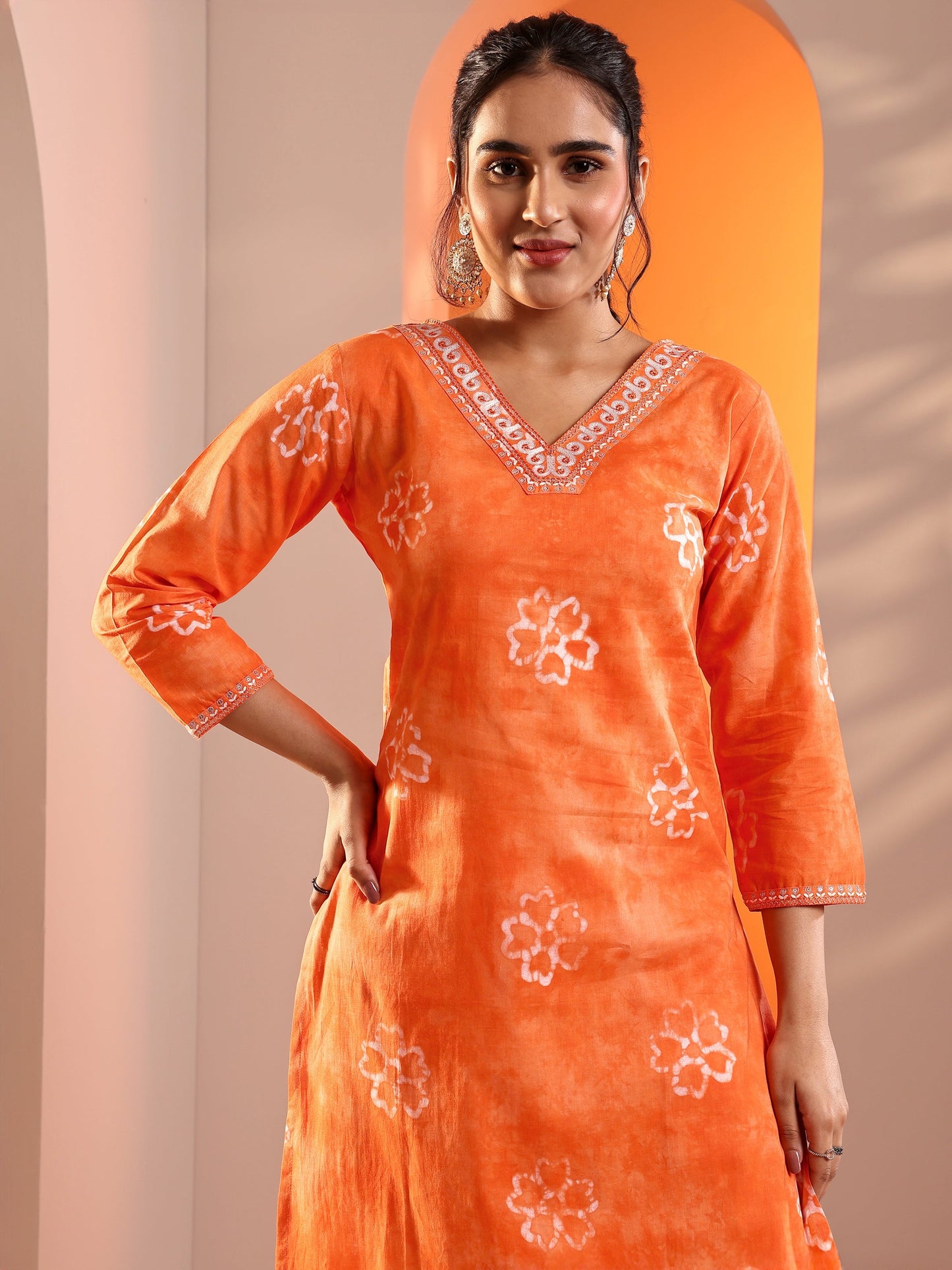 Orange Printed Cotton Straight Suit Set With Dupatta