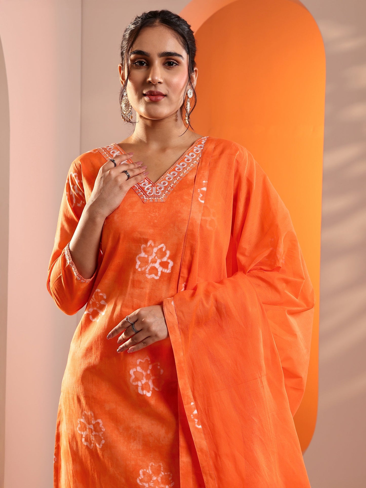 Orange Printed Cotton Straight Suit Set With Dupatta
