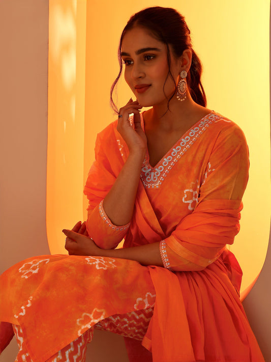 Orange Printed Cotton Straight Suit Set With Dupatta