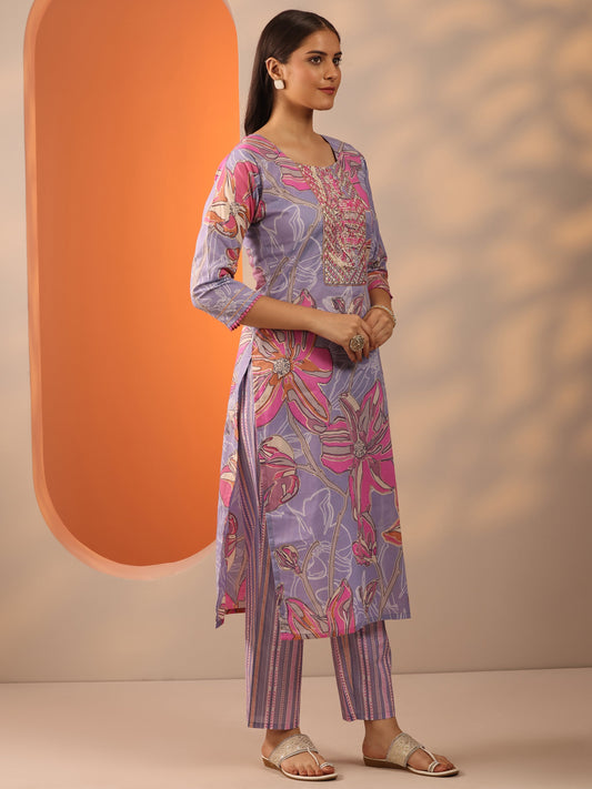 Lavender Printed Cotton Straight Suit Set With Dupatta