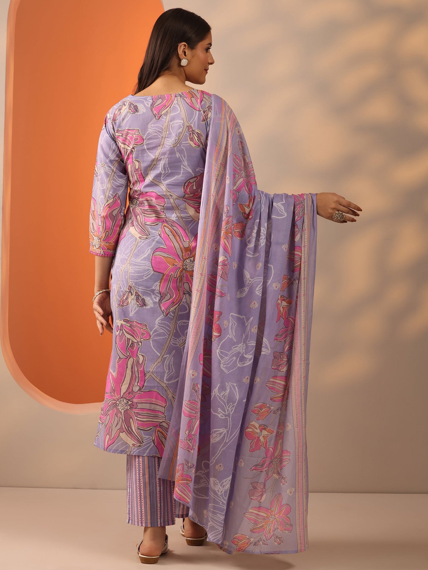 Lavender Printed Cotton Straight Suit Set With Dupatta