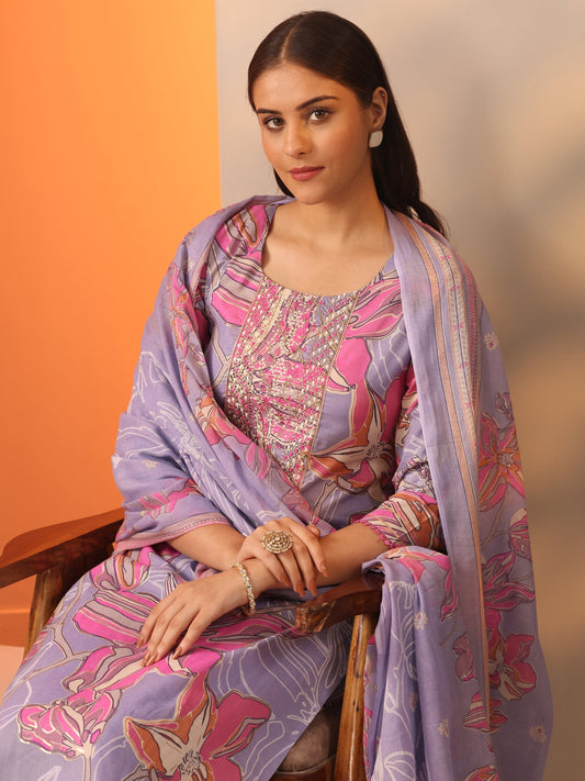 Lavender Printed Cotton Straight Suit Set With Dupatta