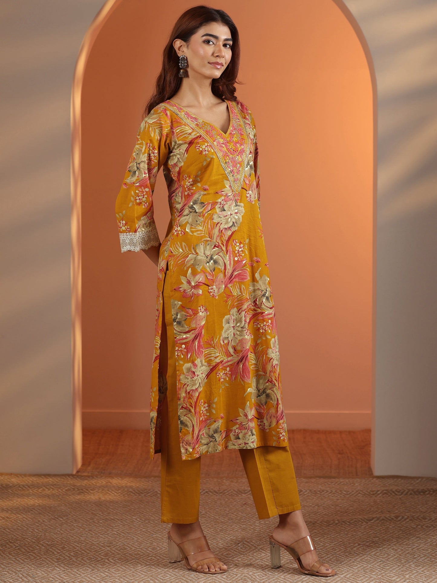 Mustard Printed Cotton Straight Suit Set With Dupatta