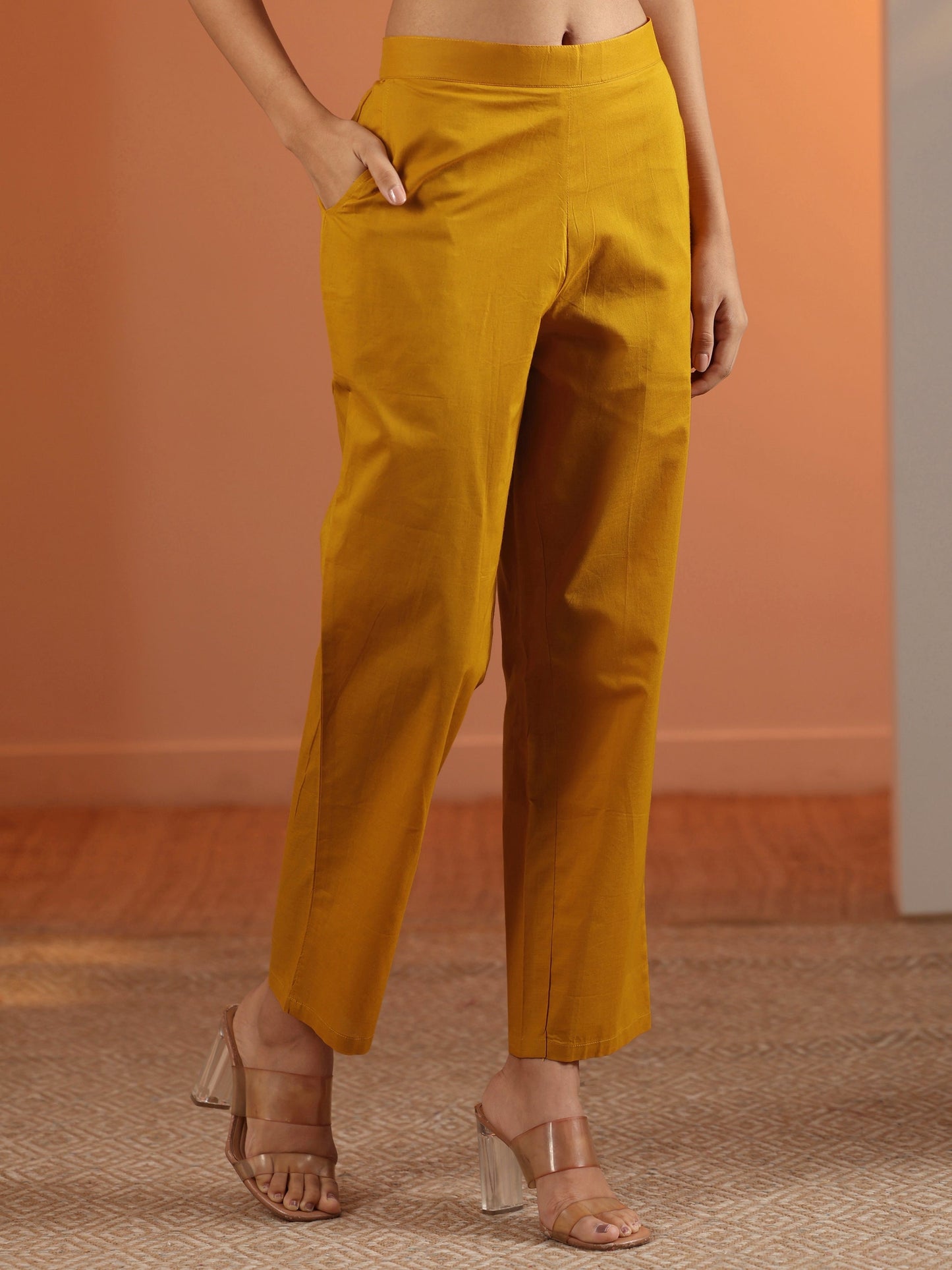 Mustard Printed Cotton Straight Suit Set With Dupatta