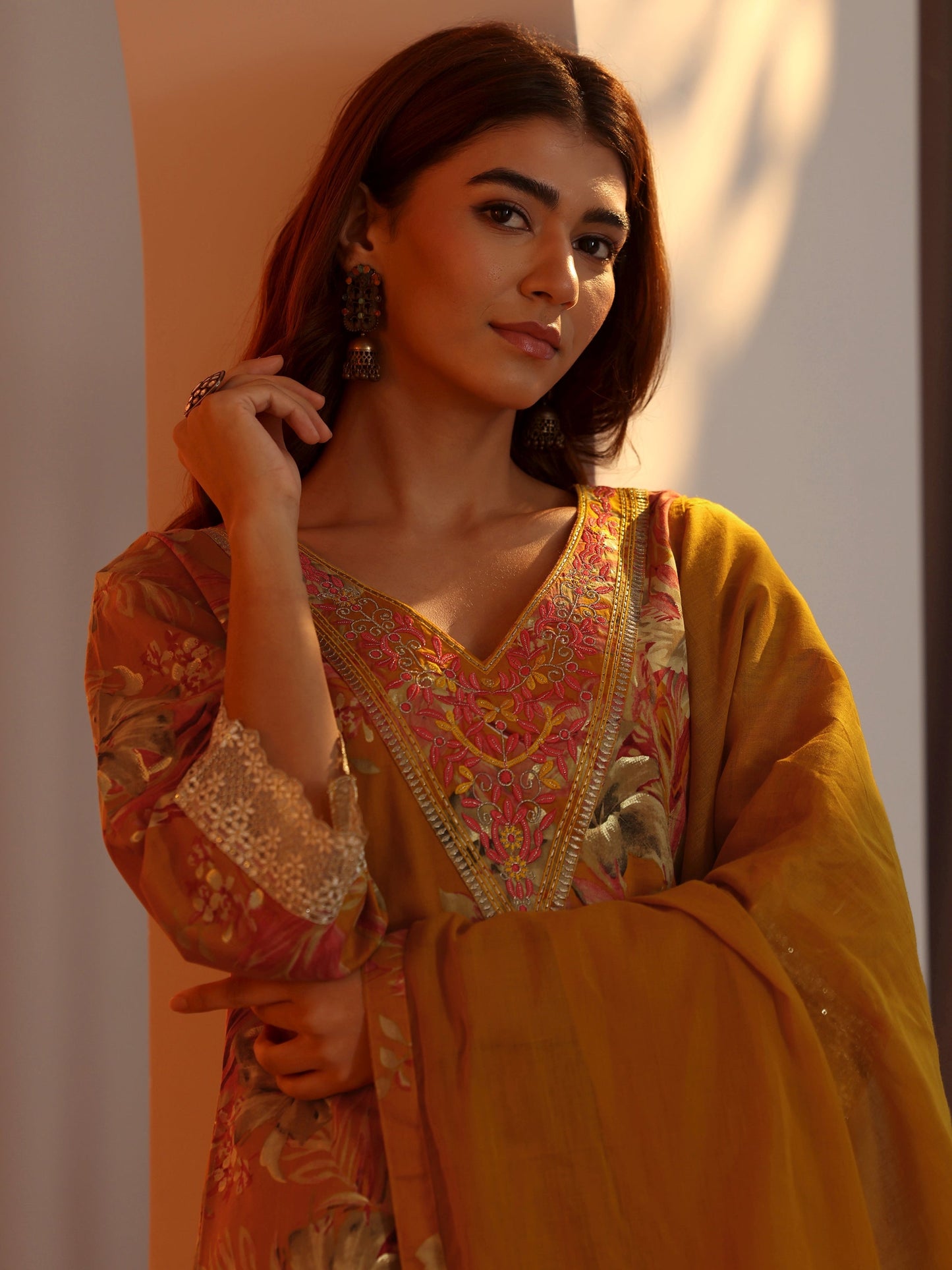 Mustard Printed Cotton Straight Suit Set With Dupatta