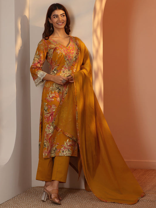 Mustard Printed Cotton Straight Suit Set With Dupatta